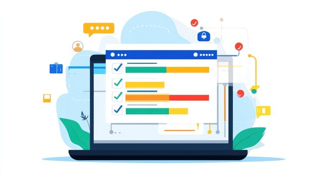 Laptop displaying project management dashboard with visual status tracking bars