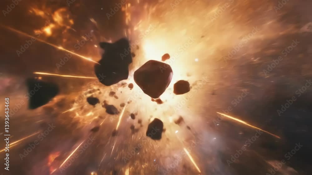 Poster luminous orange nebula clouds drifting through cosmic expanse, surrounding asteroids approaching rad