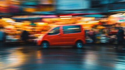 A blurred image of an orange van amidst a vibrant market scene.