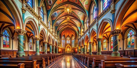 Fototapeta premium Tranquil Sanctuary Sunlight Dapples a Stained Glass Church Interior Evoking a Sense of Peace and Spiritual Reflection
