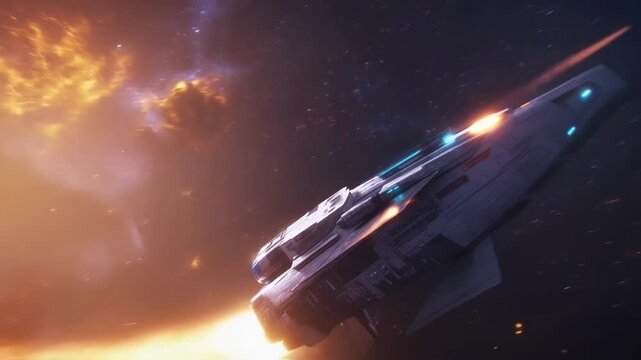 High tech spacecraft navigating colorful nebula backdrop, narrowly evading massive fiery explosion while racing through immense interstellar darkness of deep space