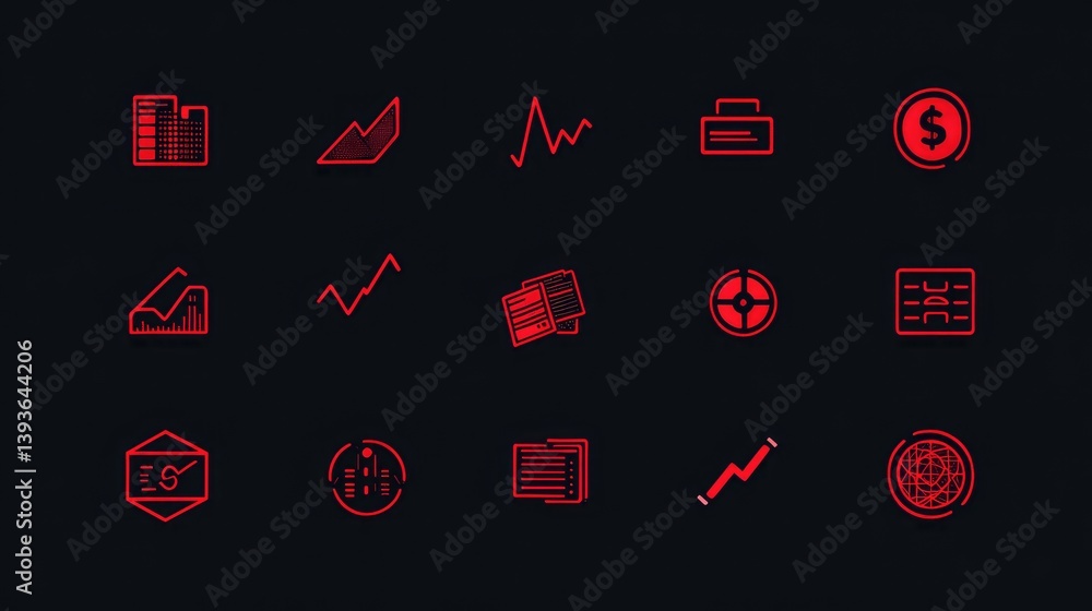 Poster minimal vector icons for finance, analytics, and communication displayed in a grid format
