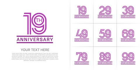 Anniversary logo style double line number set. purple color on white background for celebration event