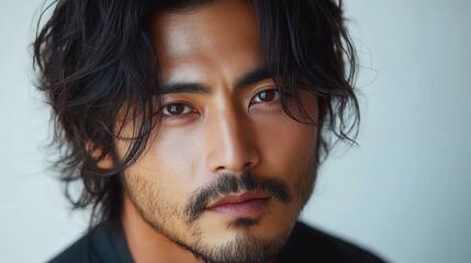 Obraz premium Close-up portrait of a man with dark, wavy hair and a beard. Intense gaze