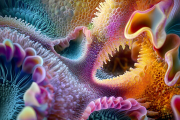Fototapeta premium A vibrant, intricate, microscopic view of textured biological structures.