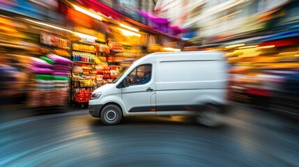A white van speeds through a vibrant market, creating a dynamic motion blur effect.