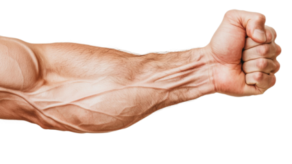 Png of Close-up of a muscular male forearm in a clenched fist position, showcasing prominent veins and strength.