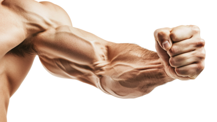 Png of A strong male arm clenching a fist, showcasing defined muscles and veins against a dark background.