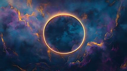 Stunning cosmic scene featuring a glowing circular halo surrounded by vibrant swirling clouds of deep blue, purple, and gold, evoking a sense of wonder and mystery