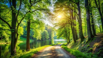 Obraz premium Tranquil Lakeside Forest Path A Serene Escape to Natures Embrace