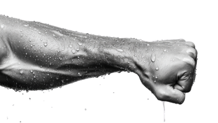 Png of A close-up of a male, muscular arm with water droplets, showcasing strength and determination against a black background.
