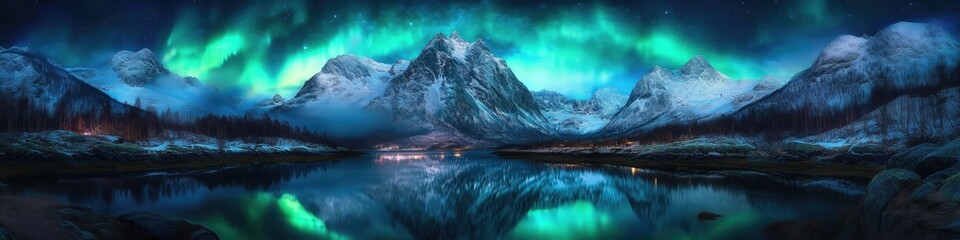 Majestic Northern Lights over Snowy Mountains and Lake
