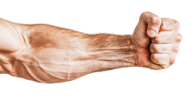 Png of Close-up of a strong male arm showing defined muscles and a clenched fist against a black background.