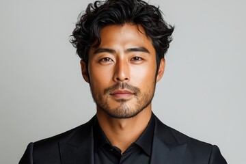 Fototapeta premium Close-up portrait of a man with dark, wavy hair and a goatee, wearing a black suit