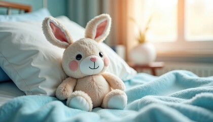 Banner with cute plush rabbit toy on patient bed in hospital. Medical center or hospital ward for young patient. Healthcare and childhood concept