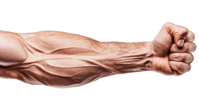 Png of A close-up of a muscular male arm with prominent veins flexing in a fist, showcasing strength and fitness.
