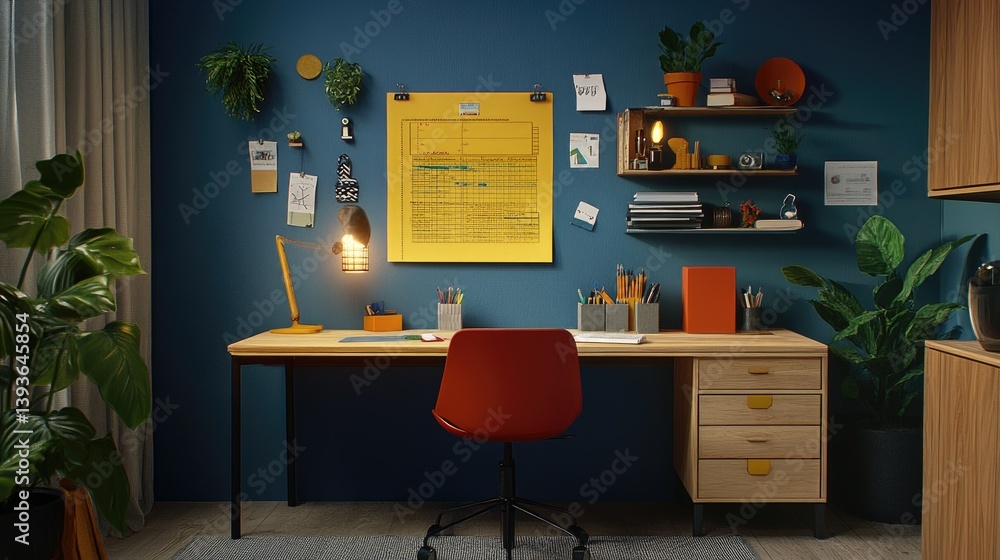 Poster planning board with critical path method chart and neatly arranged documentation