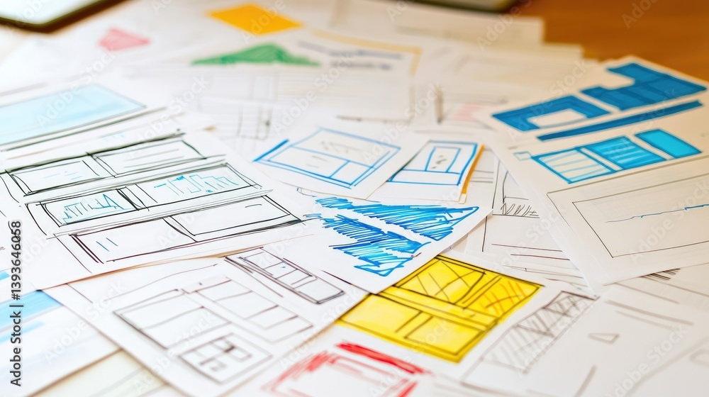 Fototapete Programming language cheat sheets, design grid, and UI sketchpad spread across workspace
