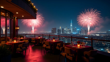 Striking rooftop fireworks viewing scene offers panoramic urban skylines illuminated by synchronized pyrotechnics and refined party settings epitomizing modern patriotism in  Photo Stock  Concept  and