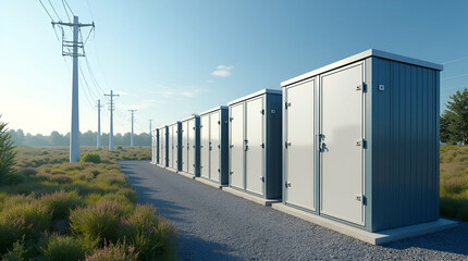 State-of-the-Art Renewable Energy Storage Facility: Integrated Battery Systems & Smart Management for Efficient Power Distribution & Grid Stability - Photo Stock Concept