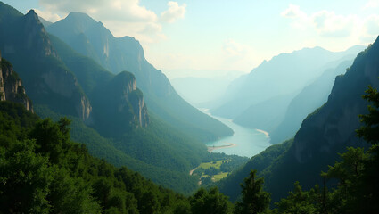 Obraz premium Elegant Visual Narrative: Lush Mountain Scenery with Rugged Terrains, Dense Foliage & Dynamic Light for Premium Outdoor Stock Collections - Photo Stock Concept