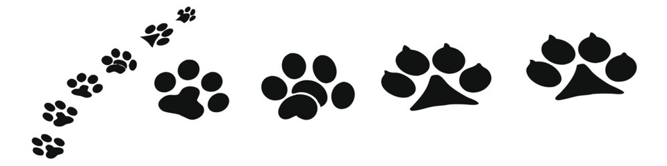 Pet Paw Print and Heart Icons Seamless Pattern – Dog Bones, Bowls, Human Hand, Love Symbols – Black, Red, and White Animal Care Design.