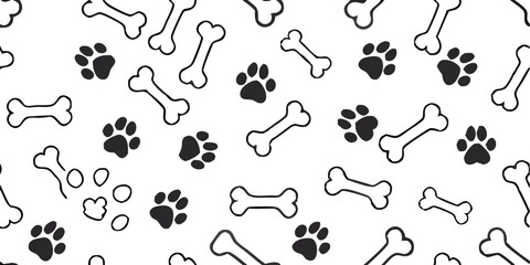 Pet Paw Print and Heart Icons Seamless Pattern – Dog Bones, Bowls, Human Hand, Love Symbols – Black, Red, and White Animal Care Design.