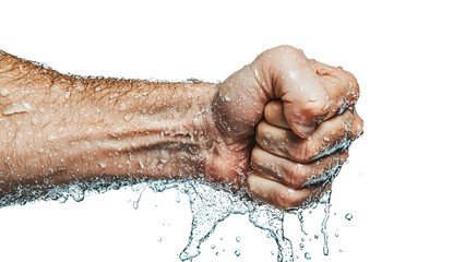 Fototapeta premium Png of Close-up of a male hand, clenched in a fist, releasing water droplets, symbolizing strength and determination.