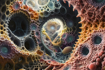 A detailed fractal design of an intricate and colorful alien cave system.