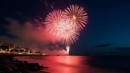 Spectacular Summer Fireworks Show: Innovative Pyrotechnics & Mesmerizing Light Patterns Illuminate Coastal Skies for an Unforgettable Seaside Celebration - Photo Stock Concept