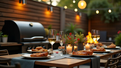 Fototapeta premium Explore a modern backyard cookout scene with rustic grill setups, perfect for festive family gatherings and relaxed summer celebrations.