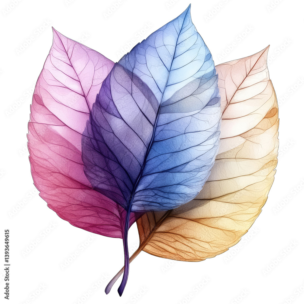 Poster stylized leaves in various pastel colors showcasing intricate vein patterns and a translucent qualit