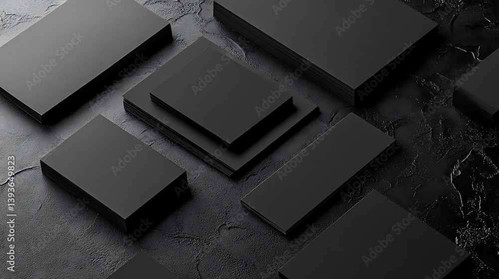 Poster a collection of black rectangular shapes arranged on a textured dark surface, creating a minimalist 