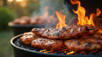 Dynamic imagery capturing BBQ season begins with vibrant grill setups, mouthwatering dishes, and lively outdoor gatherings, perfect for premium culinary stock collections.