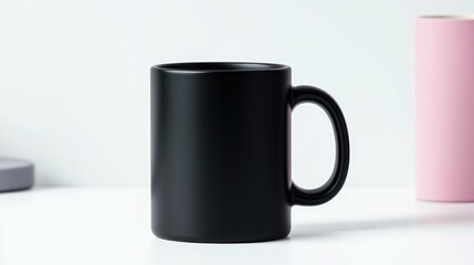 Obraz premium Blank black mug on a white surface