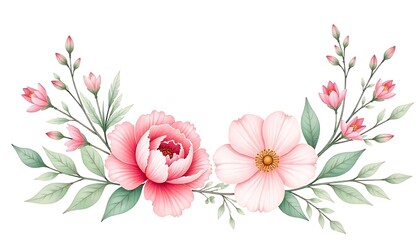 Fototapeta premium A delicate watercolor painting of flowers and foliage on a white background, Watercolor floral wallpaper banner design, created with generative ai