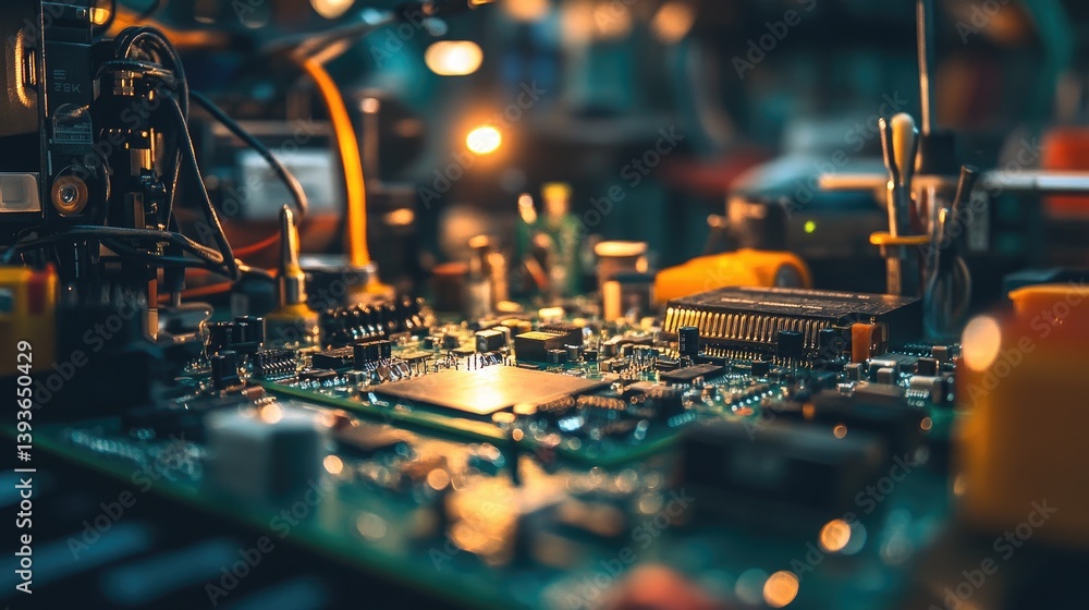 Poster technical workspace with design files, printed circuit board schematics, and tools