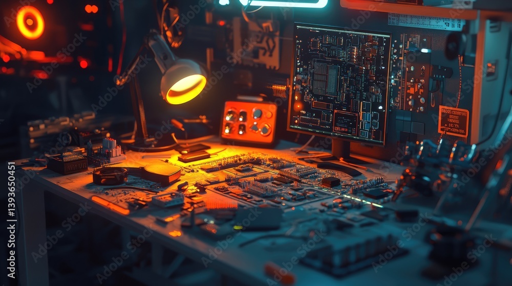 Poster technical workspace with design files, printed circuit board schematics, and tools