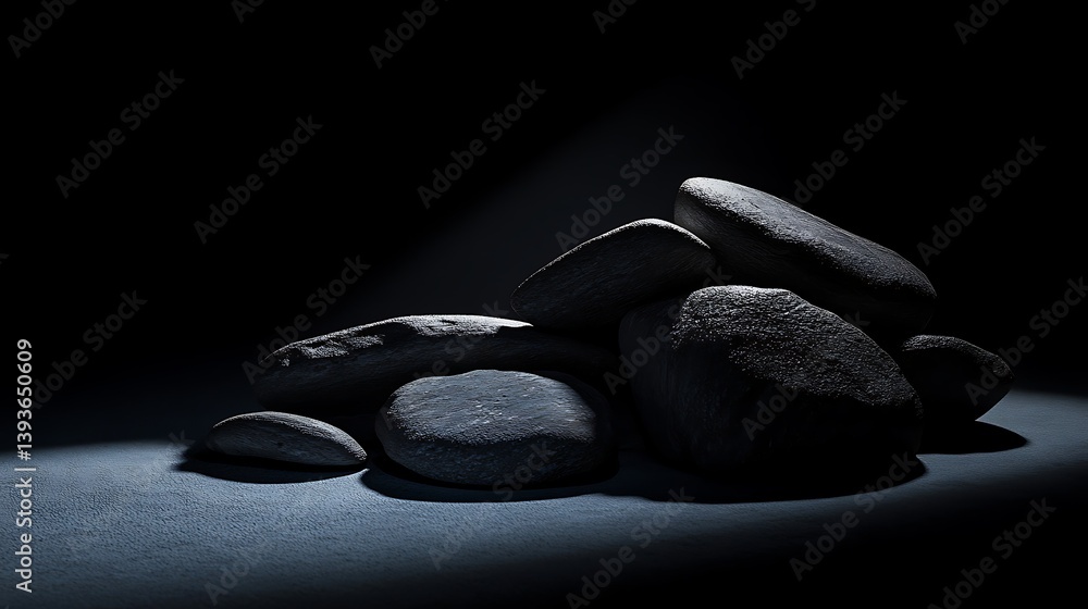 Aufkleber a collection of smooth, dark stones illuminated by a soft beam of light in a dimly lit space, creati