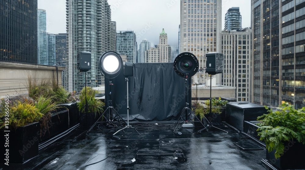 Poster time-lapse setup with dslr and intervalometer connected in an urban rooftop setting