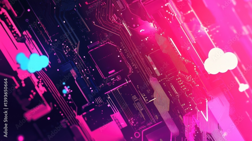 Poster tech startup concept with circuit board illustrations, cloud icons, and device mockups on gradient b