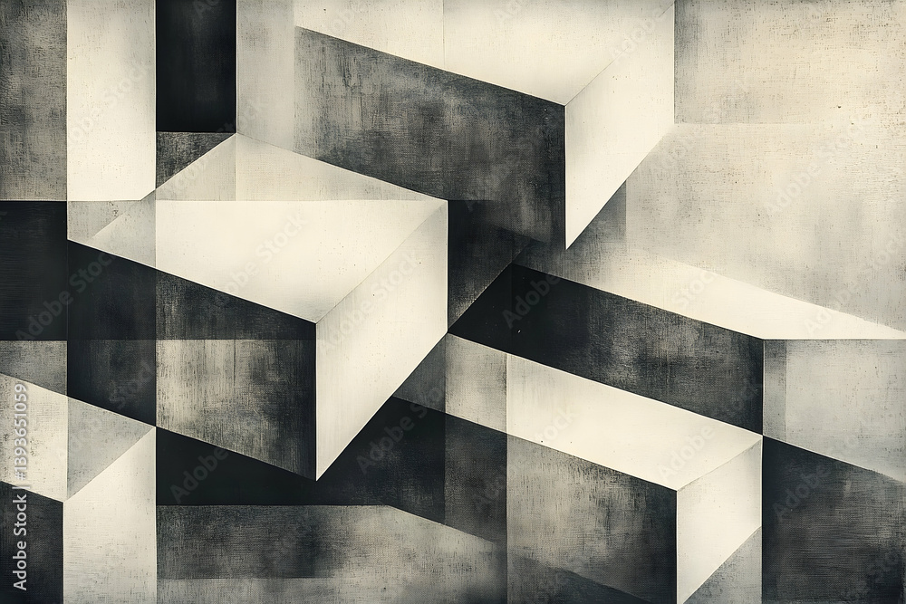 Poster a grayscale abstract composition of intersecting geometric forms.