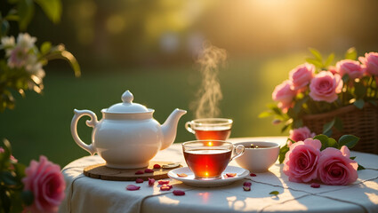 Fototapeta premium Enchanting Garden Tea Experience: Capture Serene Relaxation with Vintage Teaware, Floral Backdrops, and Natural Light for Outdoor Gatherings - Perfect for Photo Stock Concepts