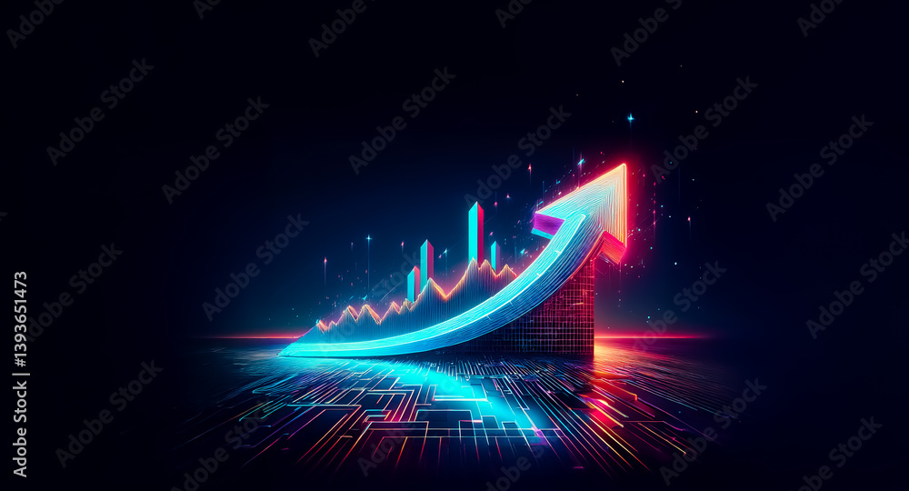Poster neon arrow illuminated in blue and red, points upwards with a glowing graph trailing behind against 