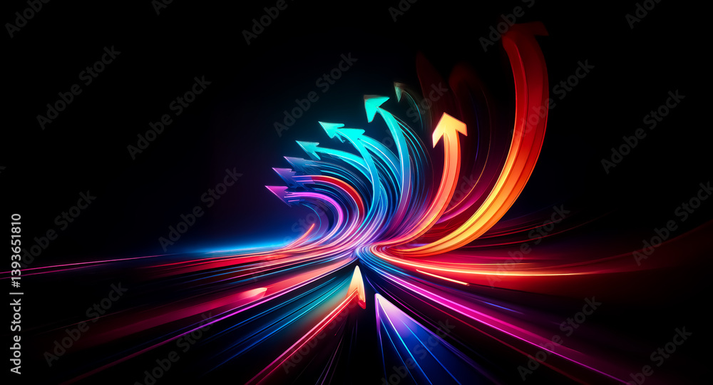 Poster vibrant arrows curve upwards and move forward against a dark background, generating a sense of dynam