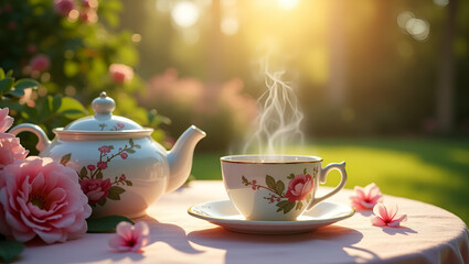 Fototapeta premium Enchanting Garden Tea: Vintage Teaware & Floral Backdrops for Serene Outdoor Gatherings - Captivating Stock Photo Concept with Elegant Natural Light