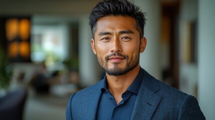 Obraz premium Close-up portrait of a man with short dark hair, wearing a dark blue blazer