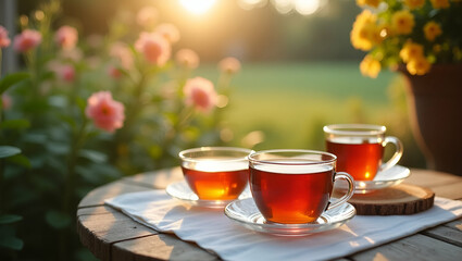 Capture an enchanting tea in a garden setting with vintage teaware and floral backdrops, evoking relaxation and elegance for intimate gatherings among connoisseurs.