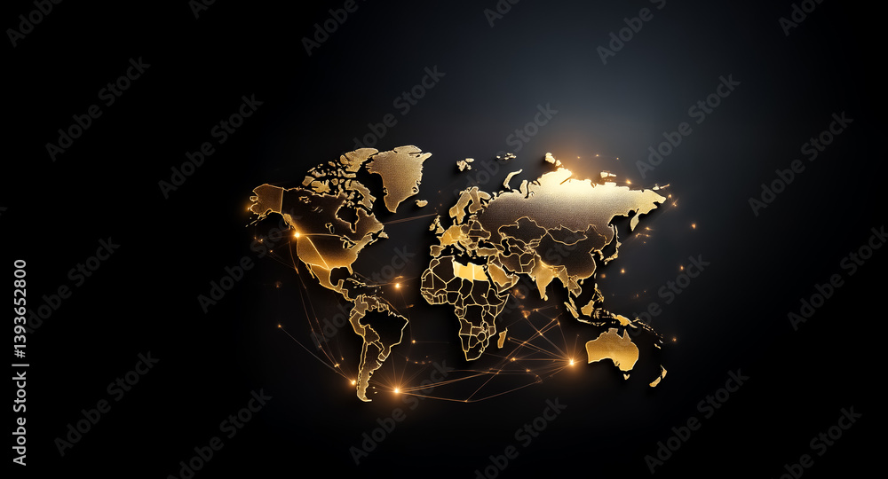 Poster golden world map illuminated with glowing connections on a dark backdrop. representing global networ