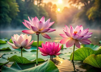 Obraz premium A Peaceful Dawn Pink Lotus Blossoms Unfurling in a Tranquil Pond A Captivating Scene of Serenity and Beauty